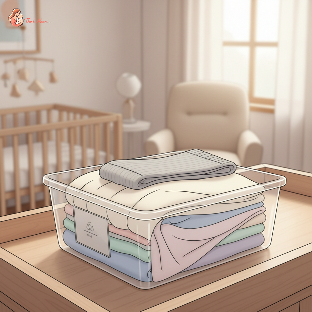 Neatly folded maternity clothes, such as stretchy leggings and a comfortable flowing top, placed in a clear storage bin, with a subtle hint of a baby blanket in the background.