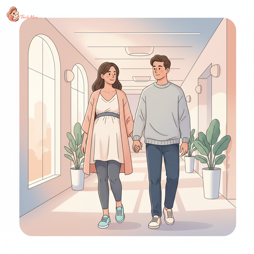 Pregnant woman in comfortable, layered clothing and sneakers, walking down a bright hospital hallway with her partner.