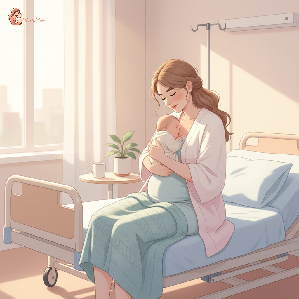 A new mother smiling gently, wearing comfortable, high-waisted pants and a loose top, holding her swaddled newborn baby as she prepares to leave the hospital. The scene emphasizes comfort and a peaceful transition.