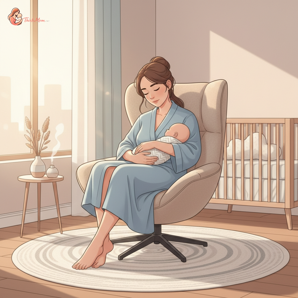 A tired but content new mother gently rocking her newborn baby, bathed in soft, warm light, in a peaceful, minimalist nursery.