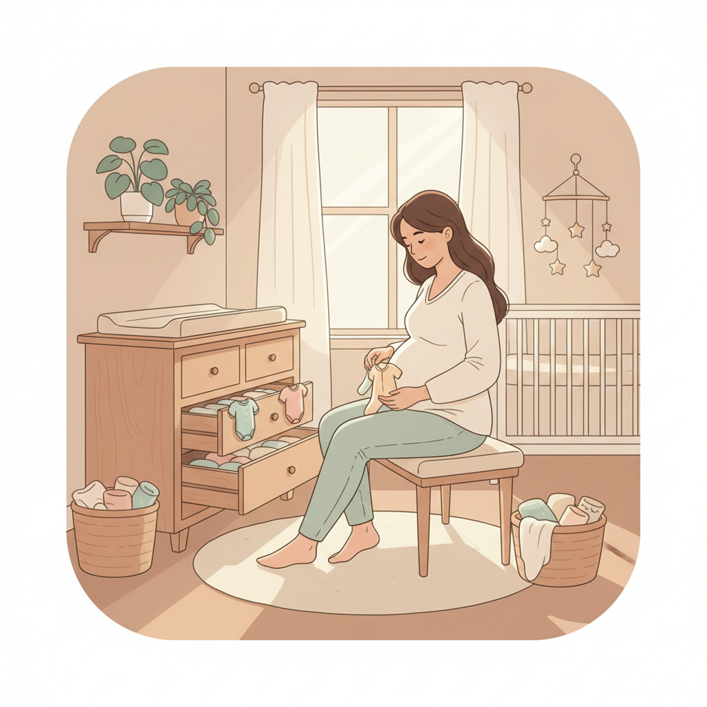 Pregnant person, visibly in their third trimester, organizing baby clothes and stacking neatly folded items in a clean, bright nursery, with natural light coming through a window.
