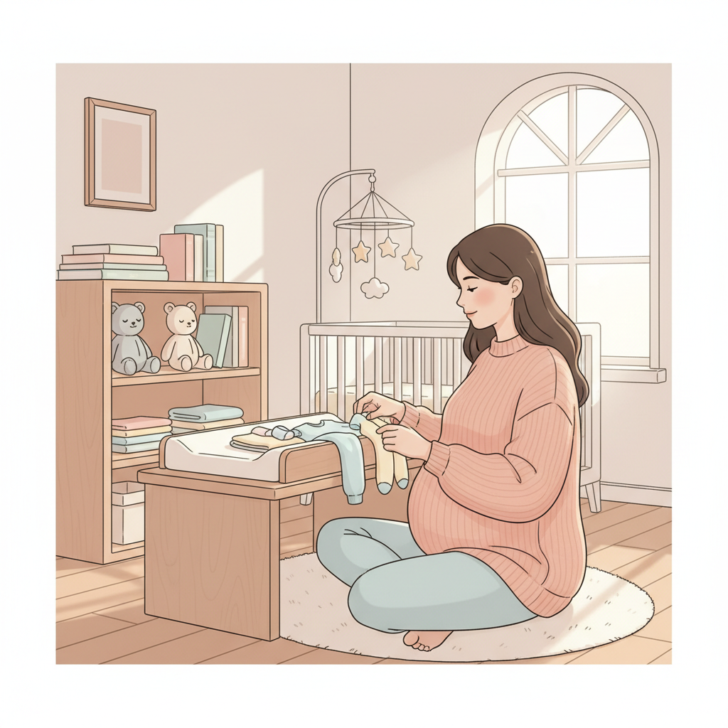 Pregnant woman organizing baby clothes in a softly lit nursery, showcasing the nesting instinct