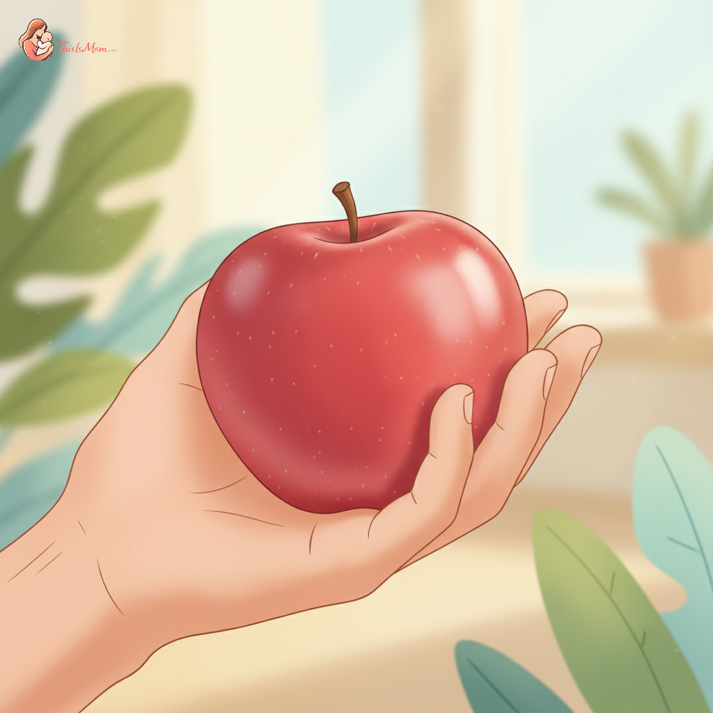 A close-up of a tender hand gently squeezing an apple, symbolizing healthy digestion and relief. Soft, warm lighting enhances the feeling of comfort and care.