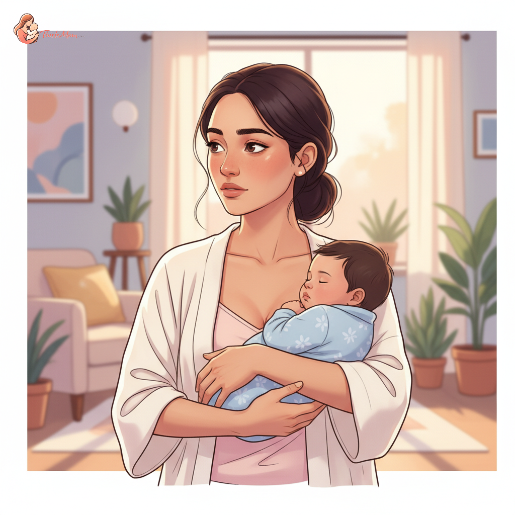 A tired but determined new mother looks thoughtfully into the distance, holding her baby close in a soft embrace. The background is slightly blurred, suggesting the overwhelming nature of early parenthood. Soft, natural light illuminates her face.
