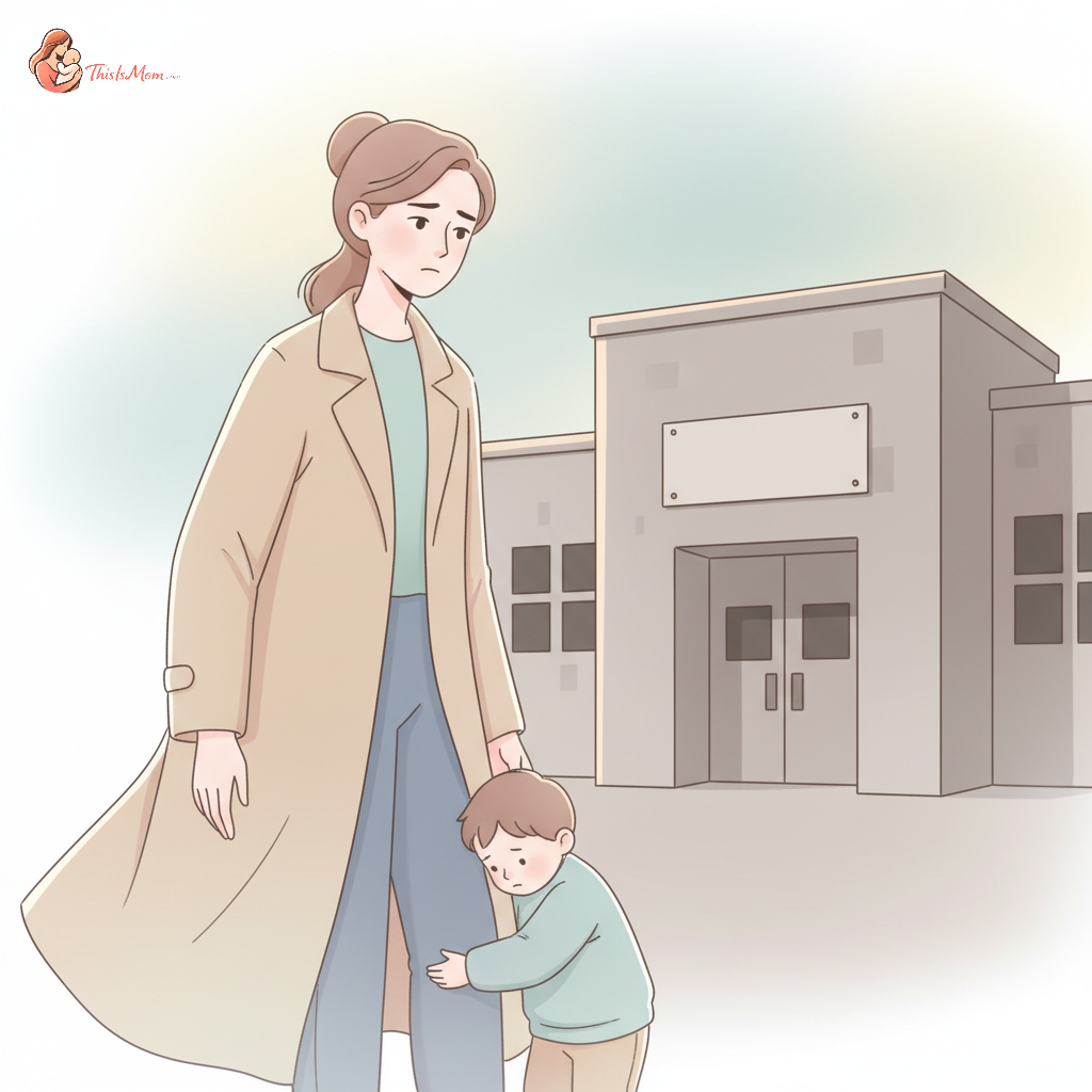An anxious parent gently holding their child's hand while looking concerned towards a faded, somewhat run-down daycare building entrance.