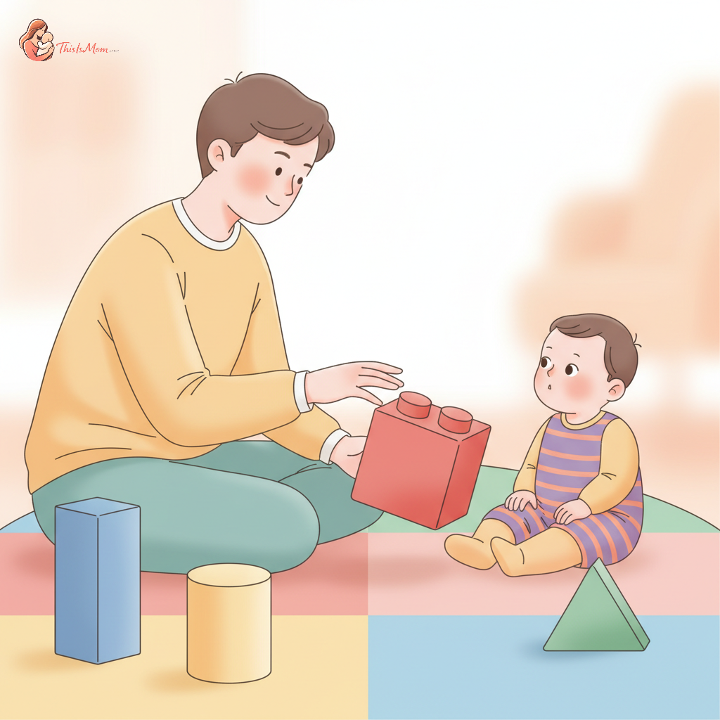 A toddler looking intently at a parent's hand, which is gently pointing to a colorful building block. The scene emphasizes communication and play.