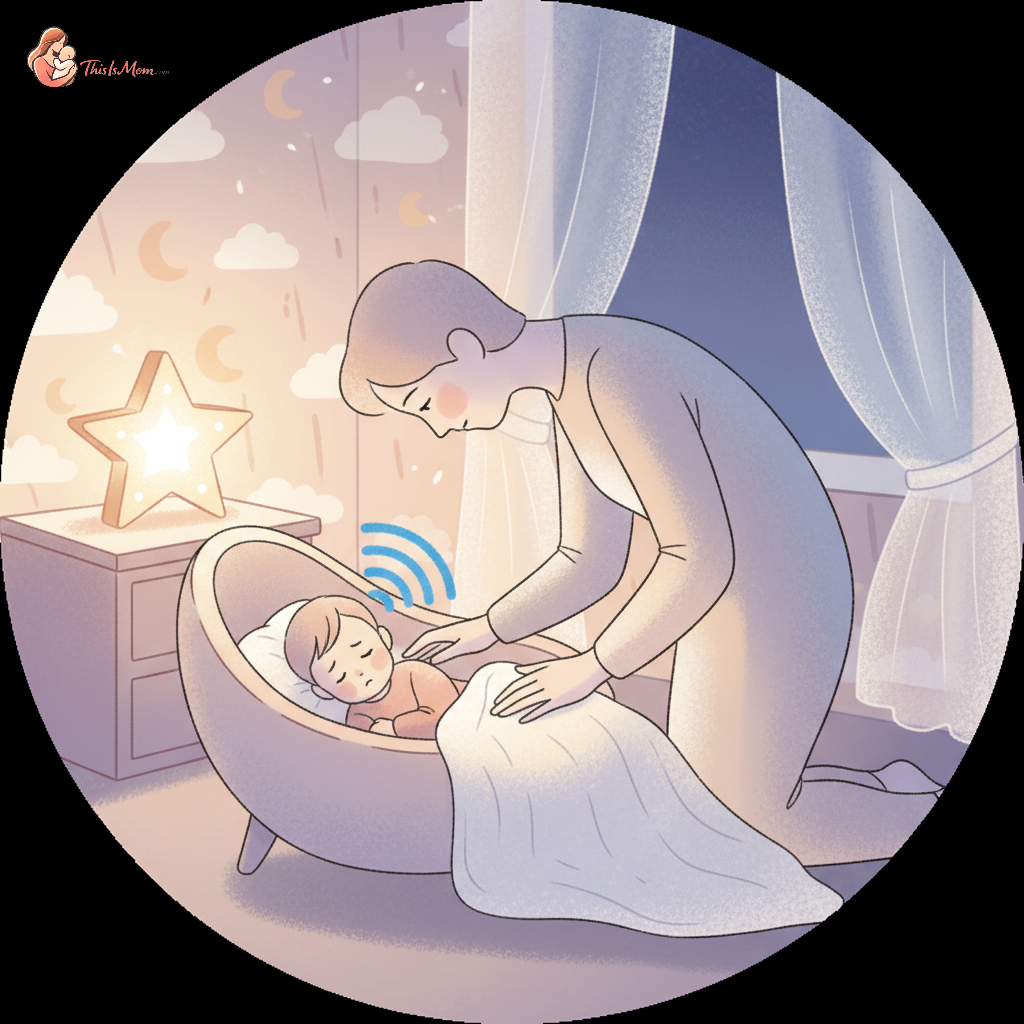 A tired parent gently comforting their 2-year-old who is sitting up in bed and crying, in a dimly lit nursery.