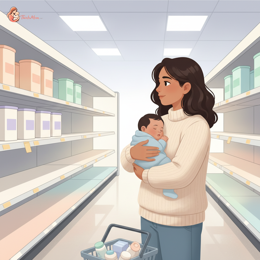 A diverse family, including a parent holding an infant, looking at shelves in a well-lit grocery store aisle, with baby formula clearly visible but showing some empty spots, conveying both hope and the challenge of finding supplies.