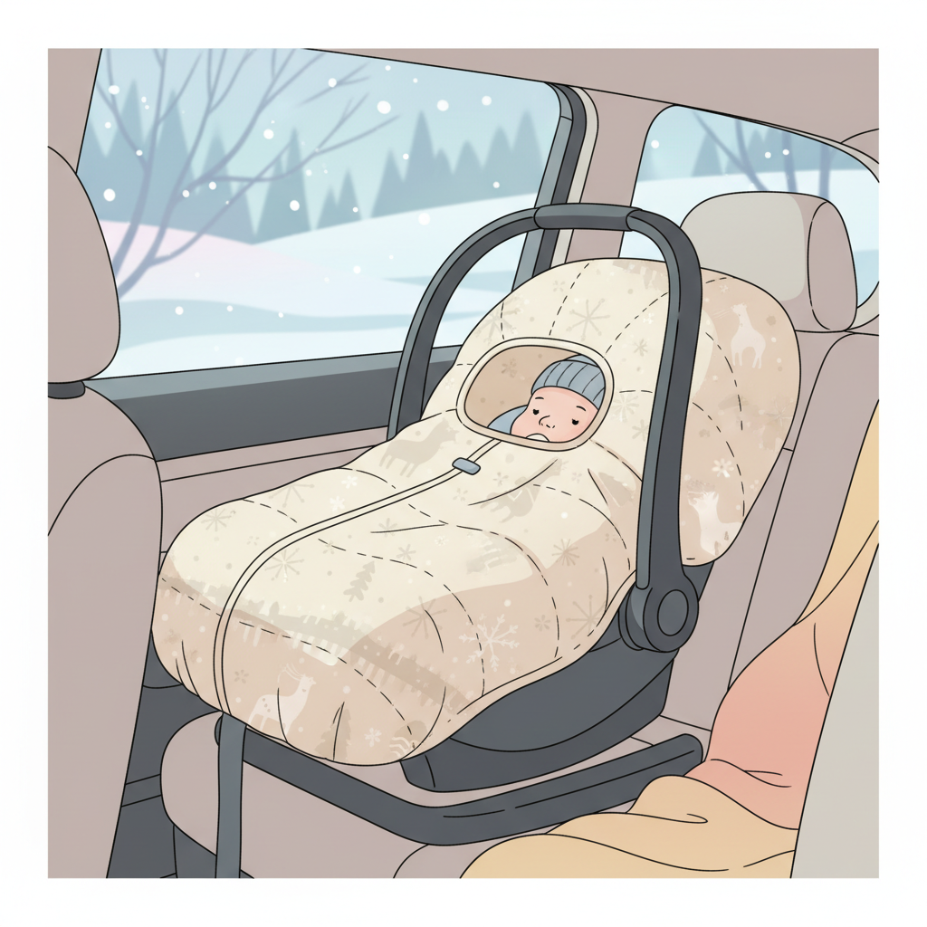 Infant car seat with a "shower cap" style winter cover, showing a baby safely secured with proper harness fit and an anti-rebound bar visible at the base.