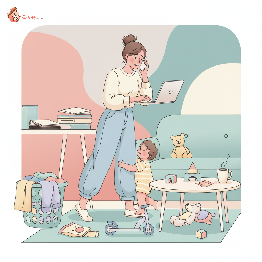 An exhausted woman with a child on one hip, a laptop in her other hand, and a phone pressed to her ear, looking stressed amidst a chaotic home office with toys scattered and papers piling up.
